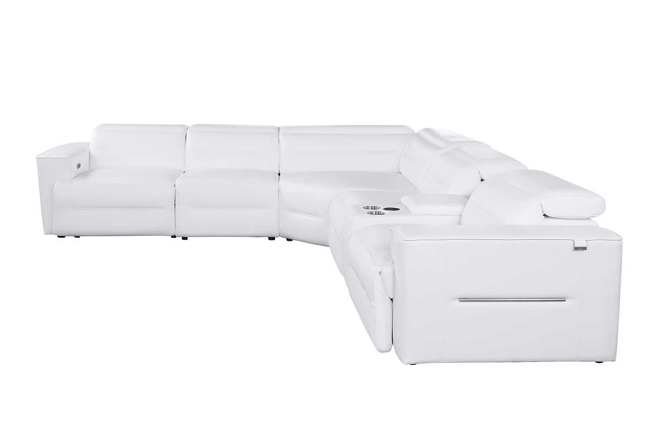 White leather sectional with power headrest and recliner side angle