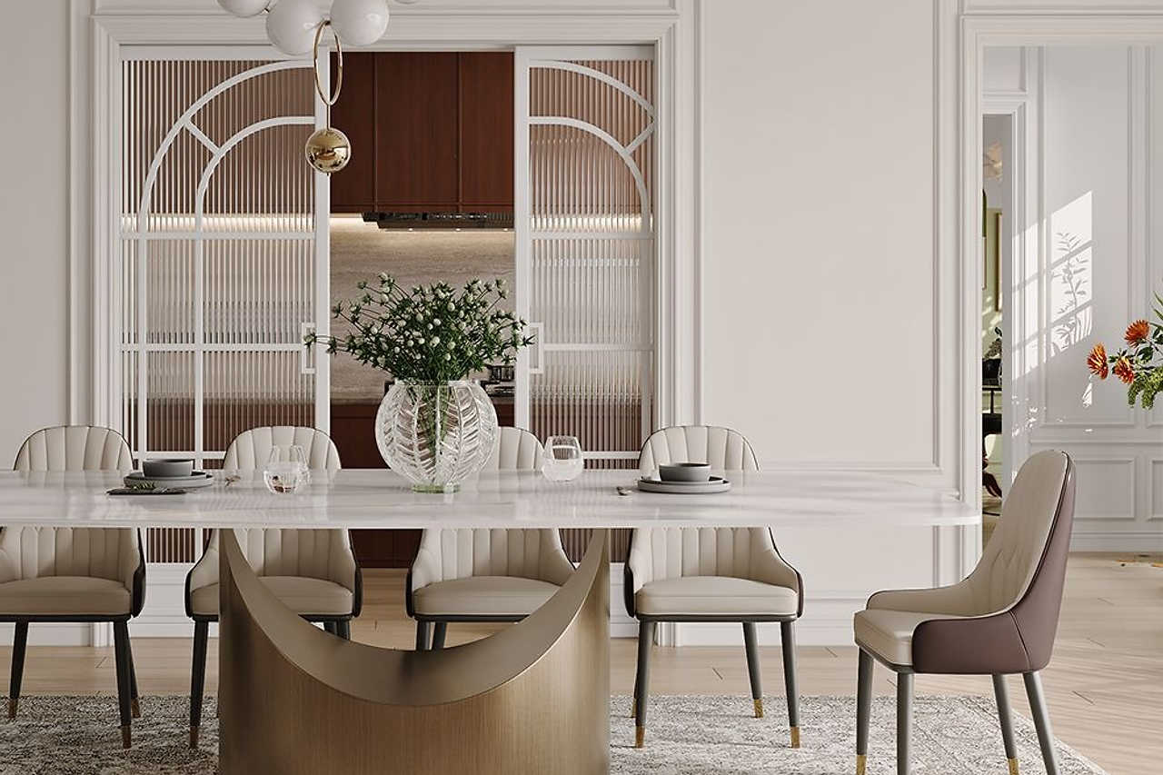 Lexi glossy white dining table side view showing tabletop and base