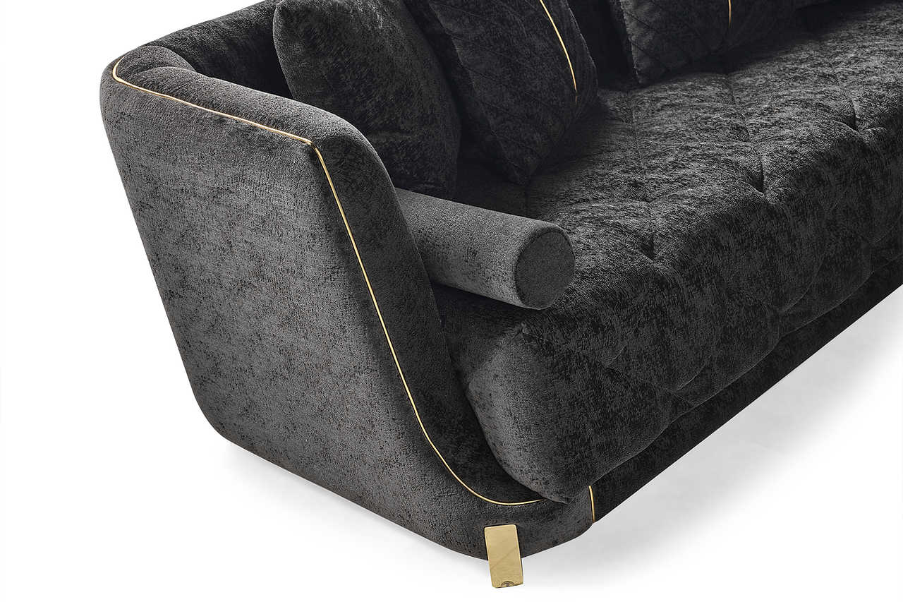 Close-up of charcoal chenille fabric on Elit chair