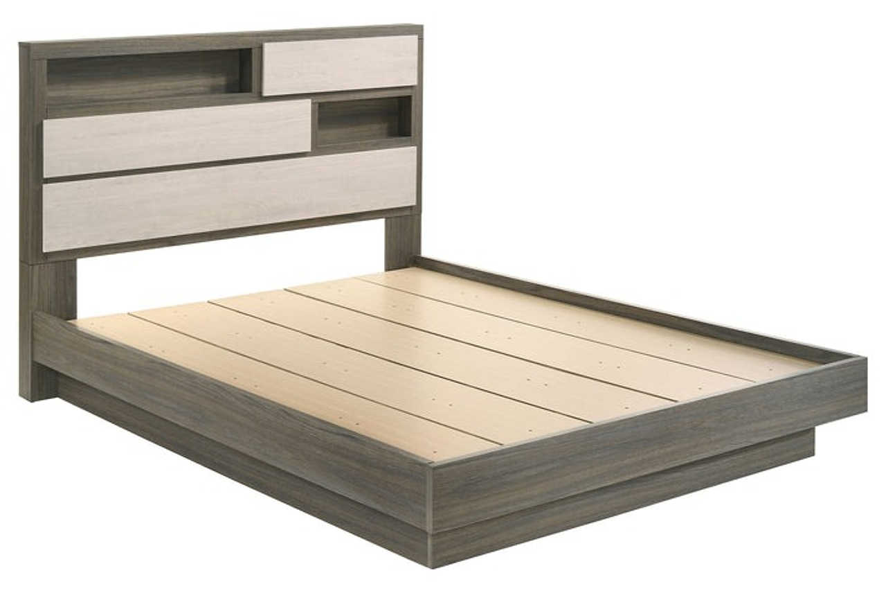 side view of River Light Gray Bookcase Platform Bedroom Set bed