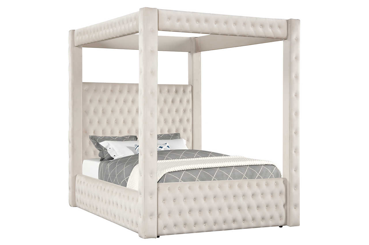 Side view of Mansion beige canopy platform bed