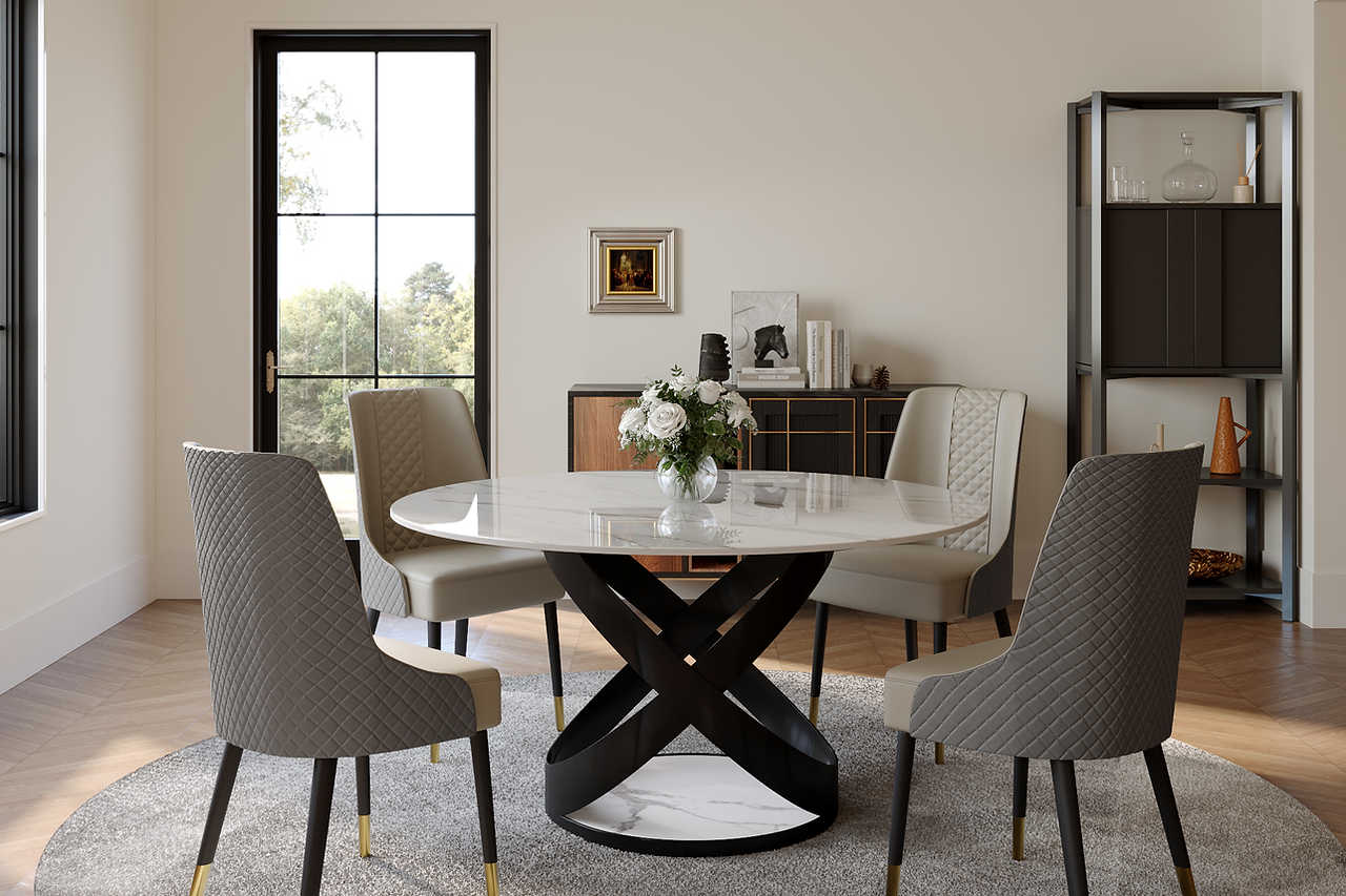 Brooks dining table side view showcasing carbon steel legs