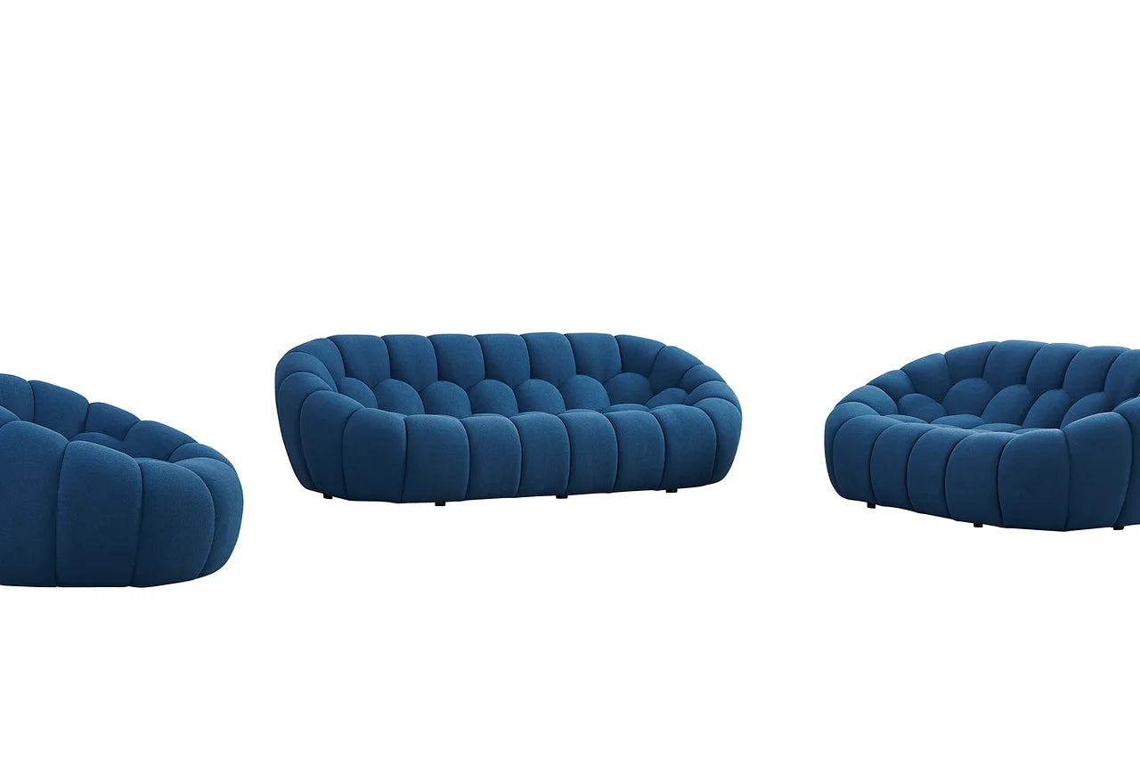Side profile of modern blue loveseat