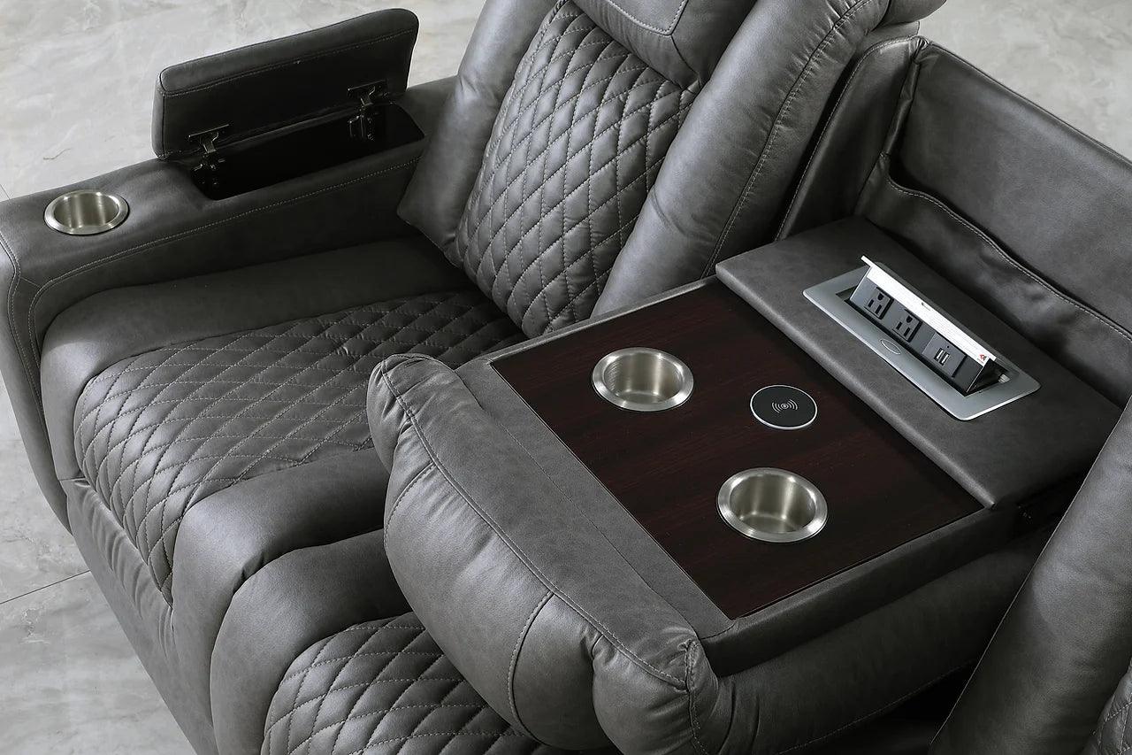 Side angle showing power reclining mechanism on loveseat