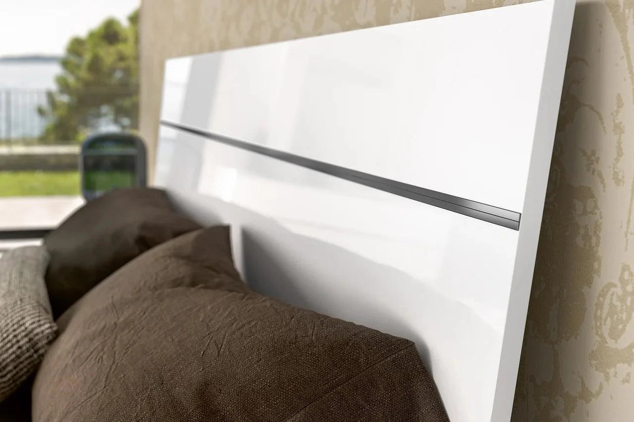 Close-up of high gloss lacquer finish and drawer hardware on Luna Nightstand