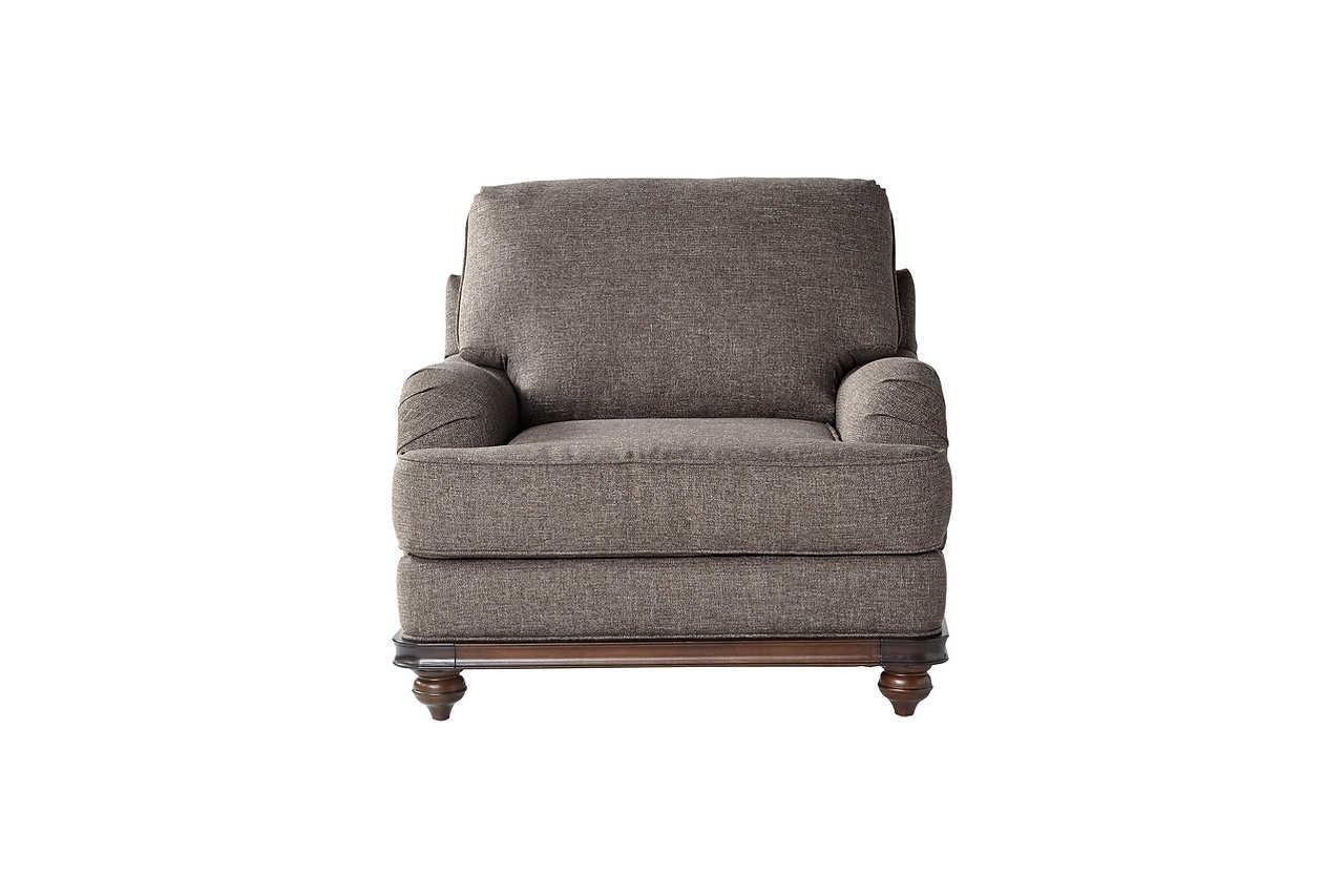 Driftwood Brown Gray Upholstered Chair front view showing fabric and wood trim