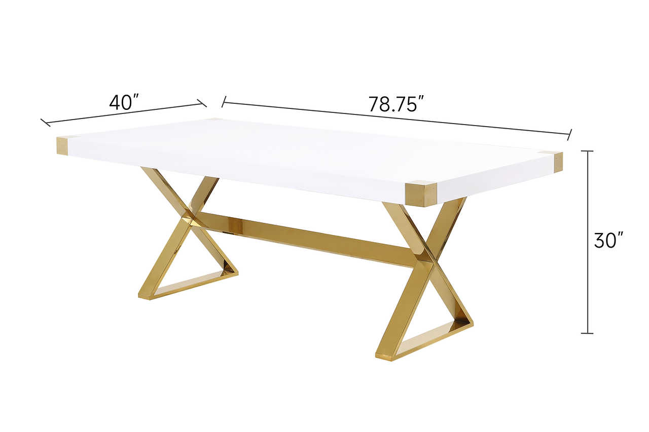 Full view of Adel dining table with white lacquer top and gold legs