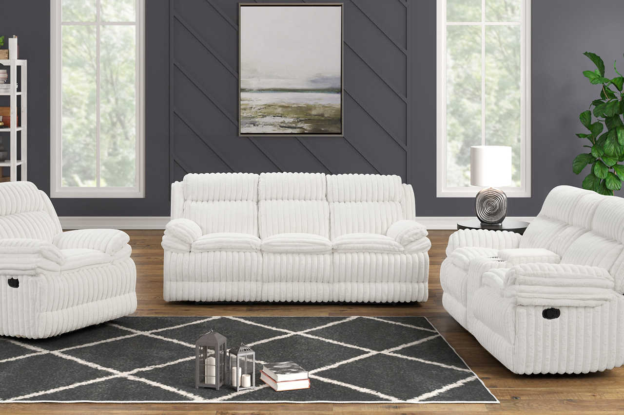 Mellow reclining loveseat with cupholders and center console in eggshell white fabric