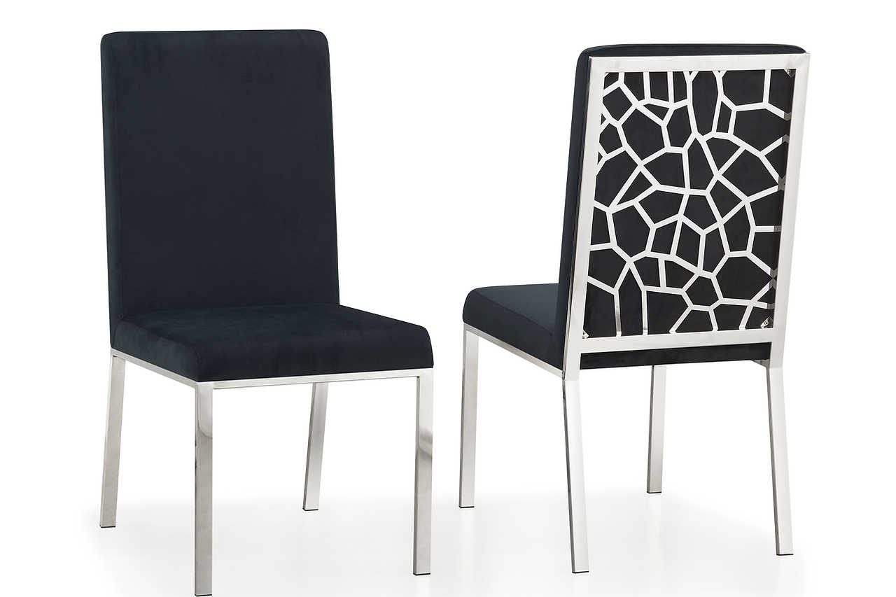 Close-up of velvet seat and chrome legs of Mimi Dining Chair