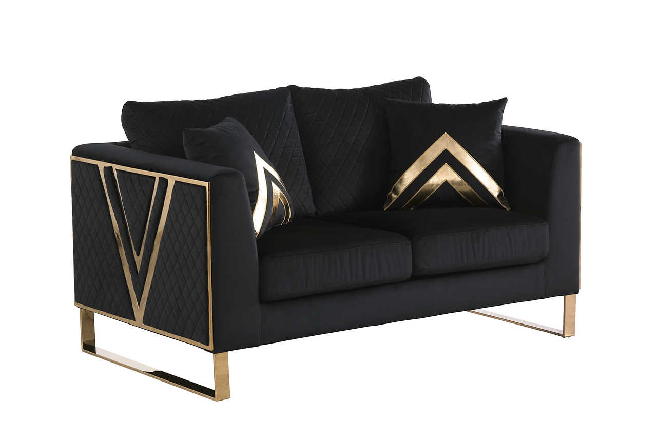 Side view of Vista Bonita black velvet loveseat and chair