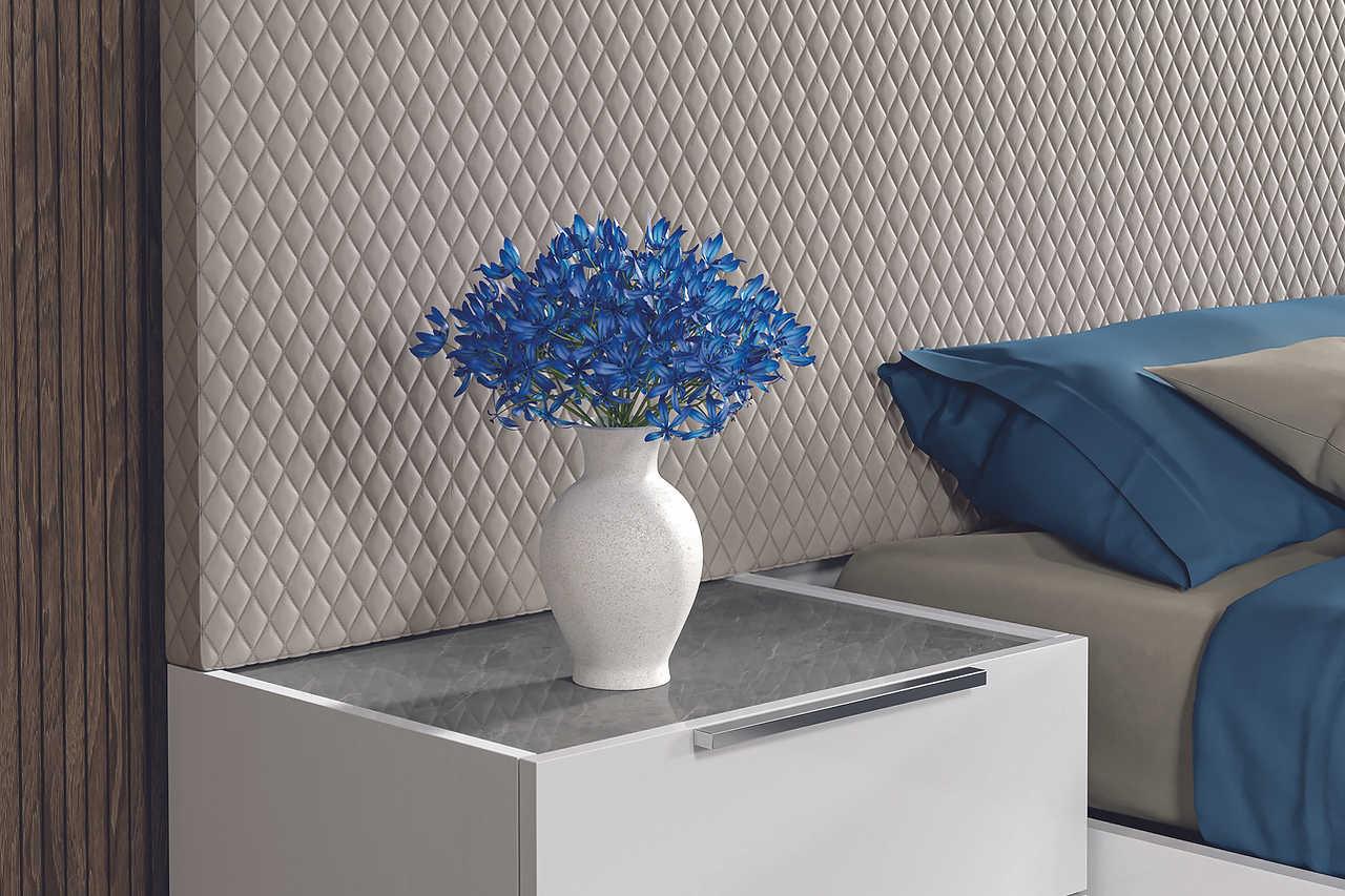 Modern Fabiana bedroom suite with eco leather headboard and high gloss finish