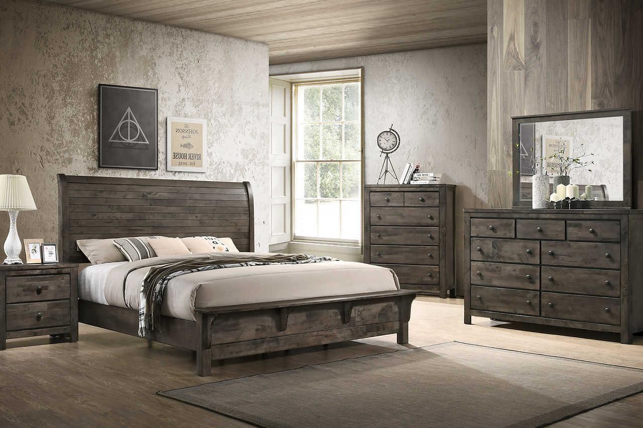 Angled view of farmhouse gray solid wood 5-drawer chest