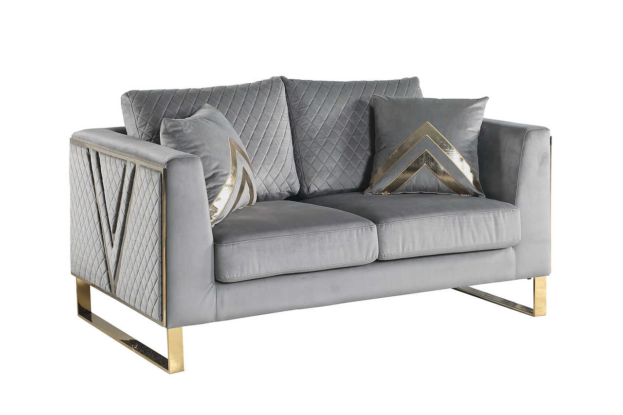 Vista Bonita gray velvet sofa and loveseat, front angled view