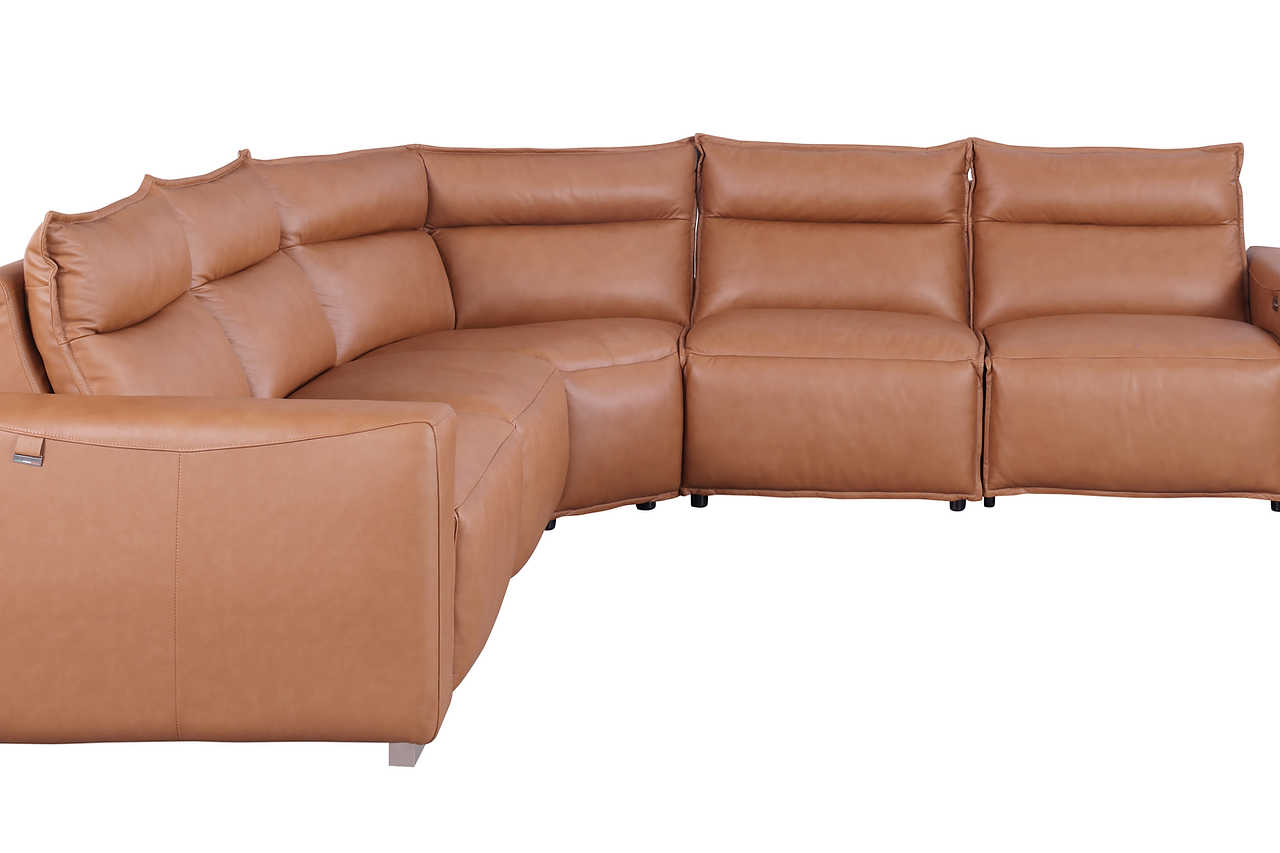Side view of Sierra camel leather wedge corner sectional