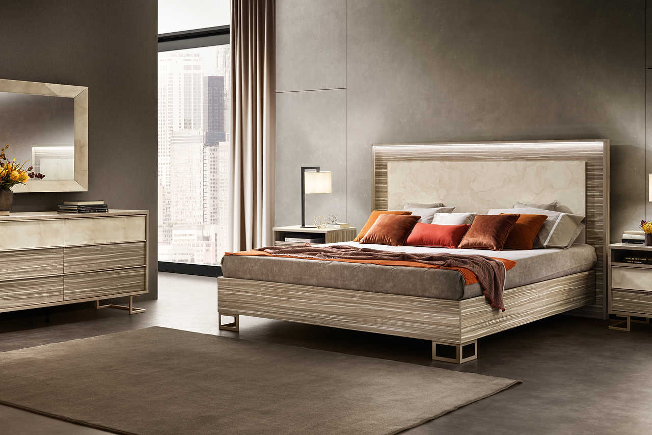 Luce Beige Nightstand with champagne metal legs and high gloss finish