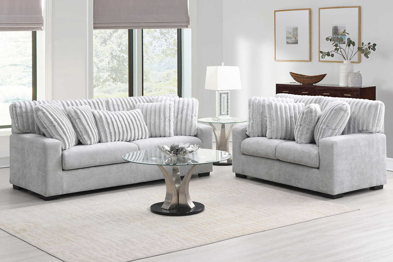 Side view of Tarra Gray Fabric sofa and loveseat