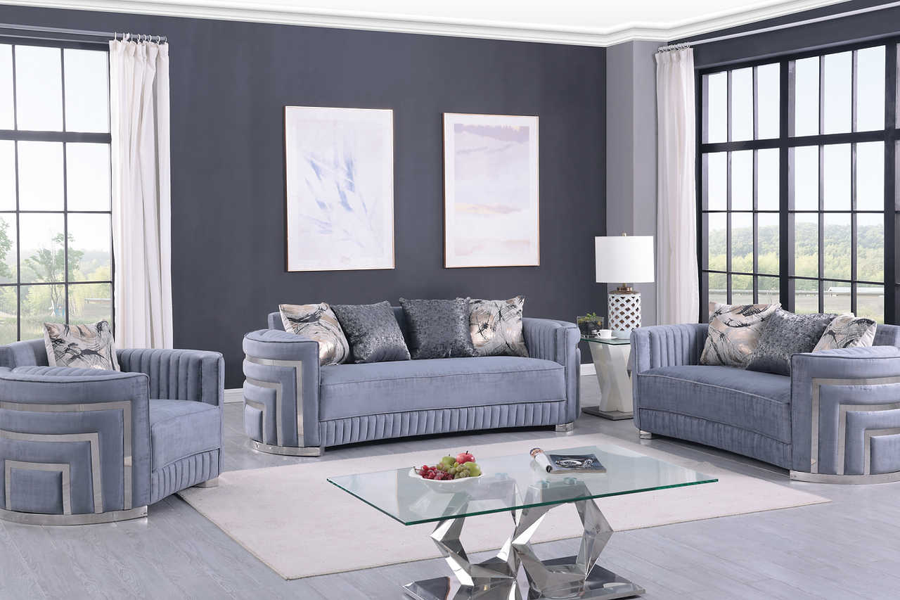 Minerva grey velvet living room set main view with sofa and loveseat