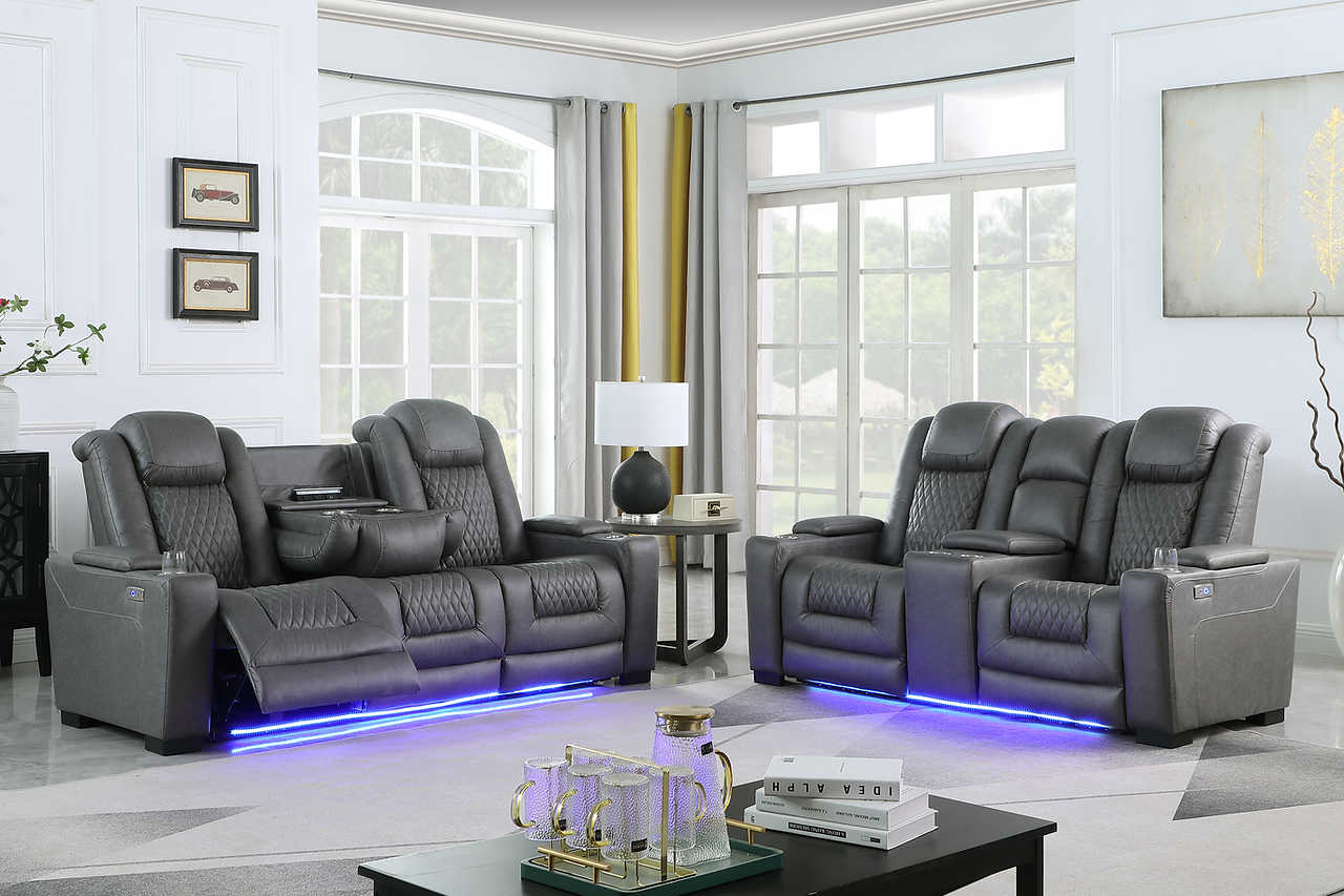 Ash grey microfiber power reclining sofa angled view