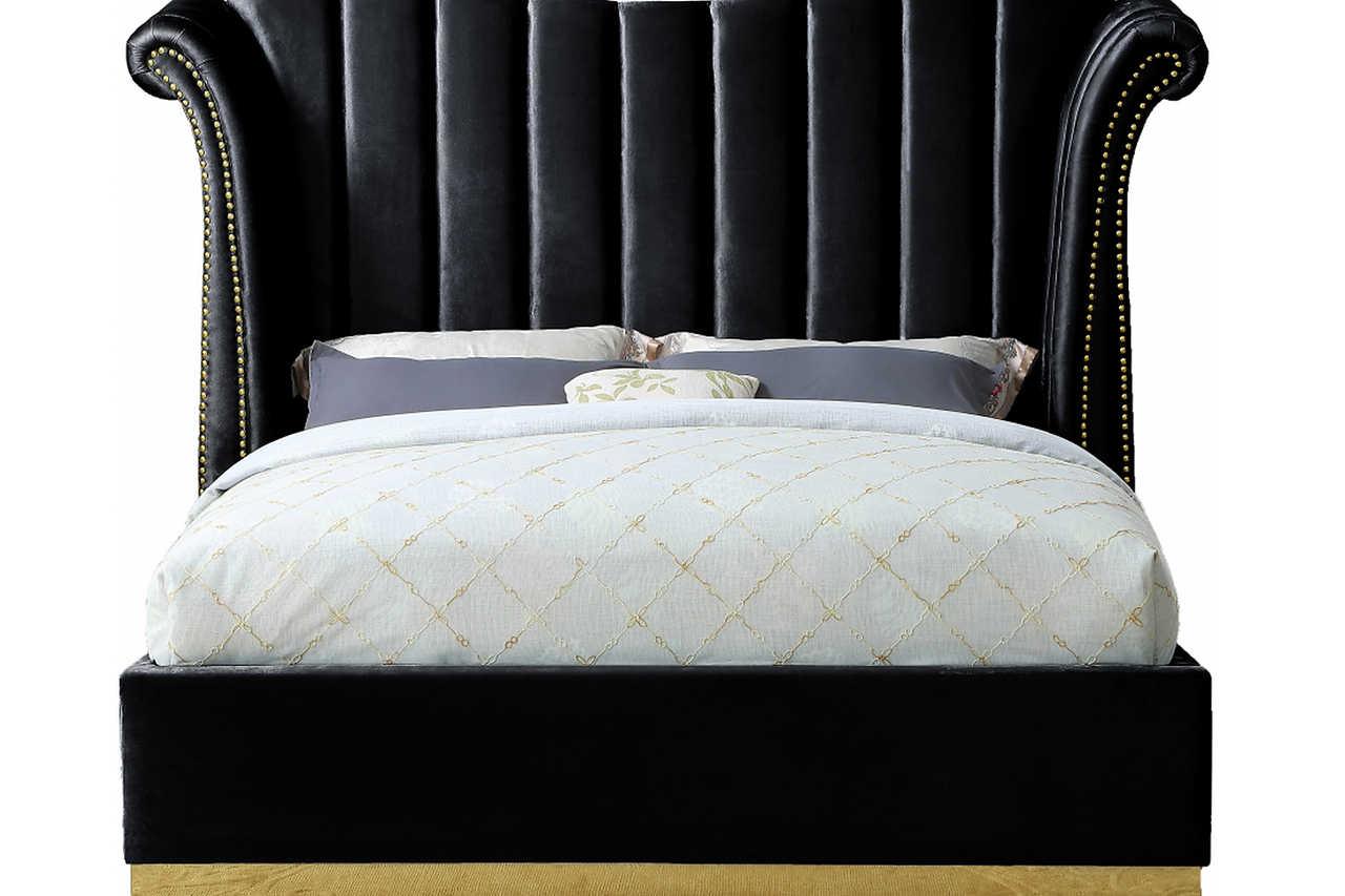 Luna Black and Gold 66"H Velvet Upholstered King Bed front view