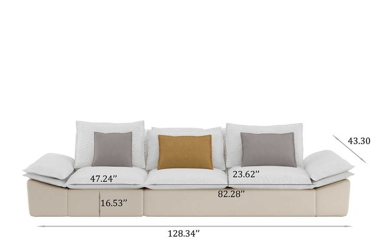 Side view of 128.34 inch beige velvet 4-seater sofa