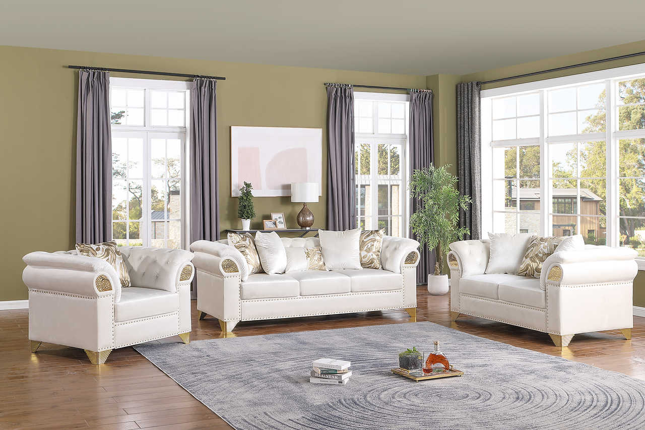 Emma Cream Velvet Sofa and Loveseat set main view