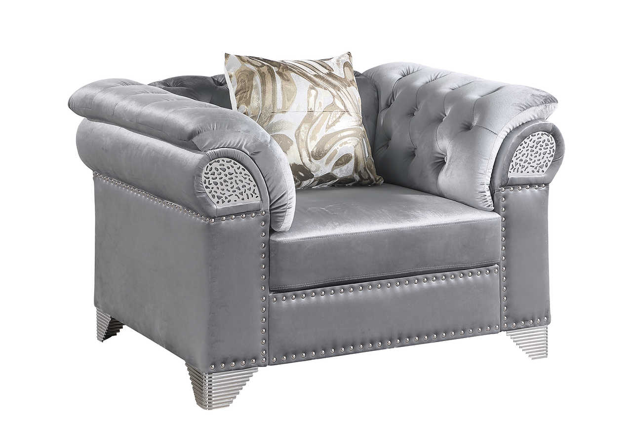 Front view of Emma Gray Velvet Living Room Set with sofa and loveseat