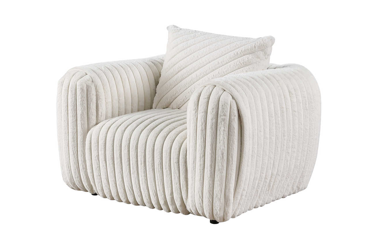 Eli White Fabric Chair angled view in striped white fabric