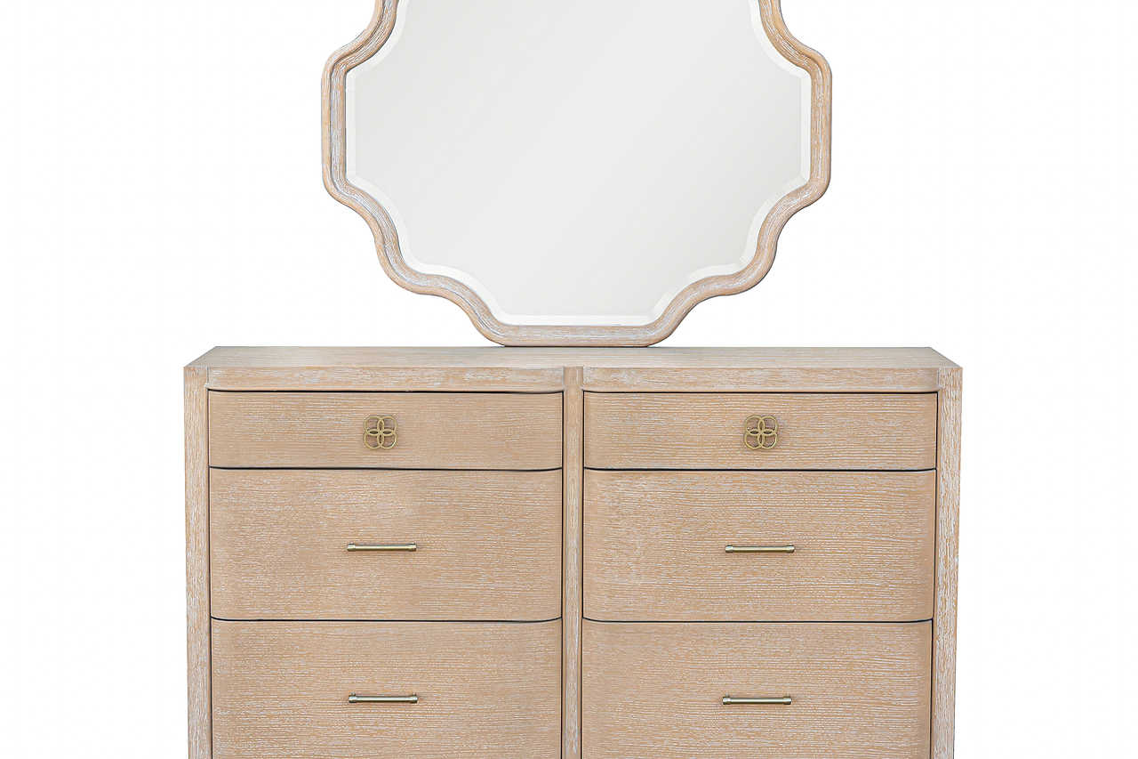 Close-up of Laguna upholstered bed headboard light brown gray