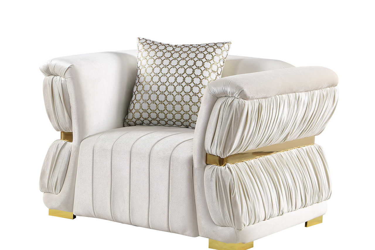 Side angle of Anna White white and gold living room set sofa