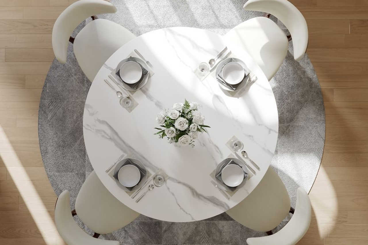 Close-up of the glossy white sintered stone tabletop