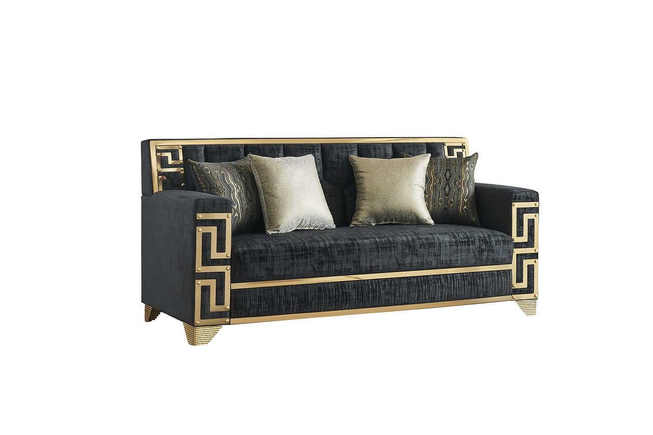 Close-up detail of Hira Black Living Room Set’s gold metal accent and black upholstery