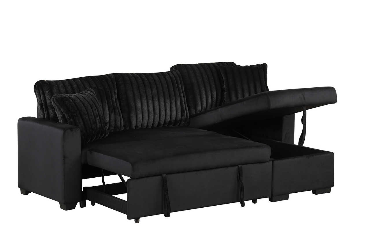 side view of Nori black sectional sofa with storage chaise
