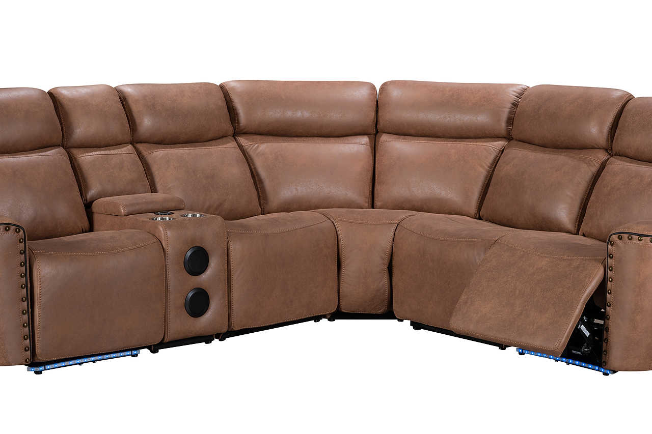 Full room setting featuring Romi mocha brown power reclining sectional