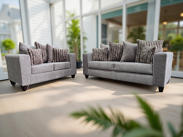Kora Smoke Fabric 2-Piece Living Room Set front view featuring sofa and loveseat upholstery