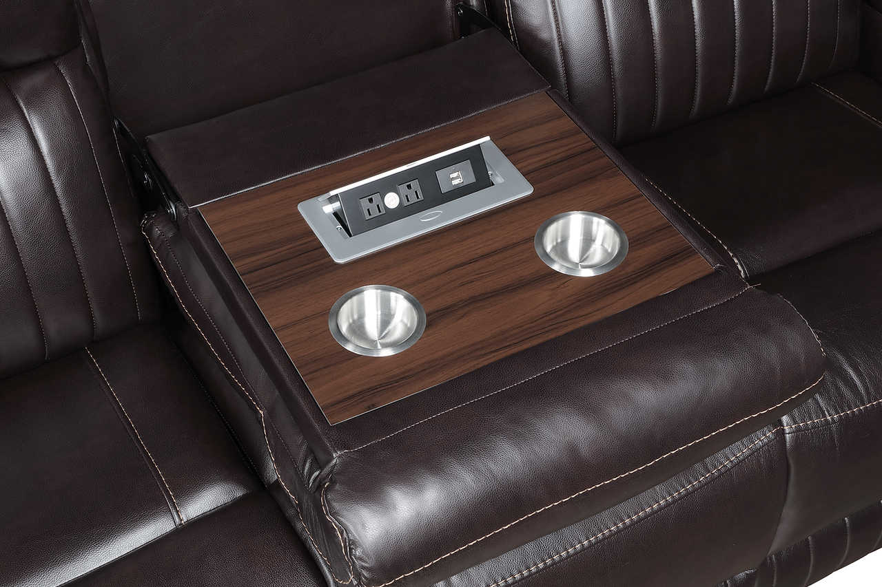 Brown AirLeather reclining loveseat with power outlet