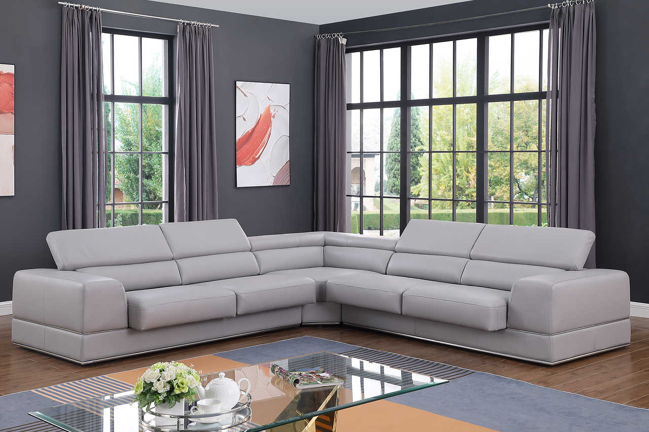 Pella Light Grey Leather Sectional side view