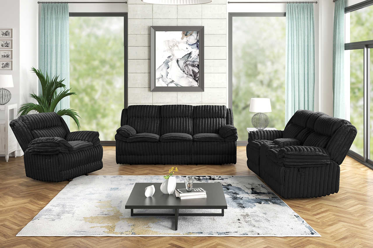 Reclining loveseat in black thick stripe fabric with cupholders and console