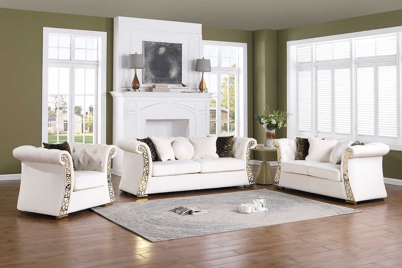 front view of Curamo Cream Velvet Sofa and Loveseat Set