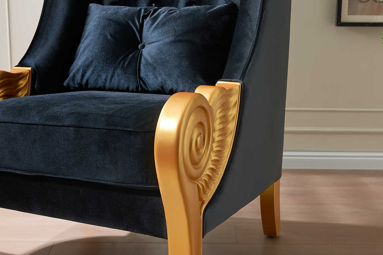 Throne Black Accent Chair close-up of fabric and gold trim