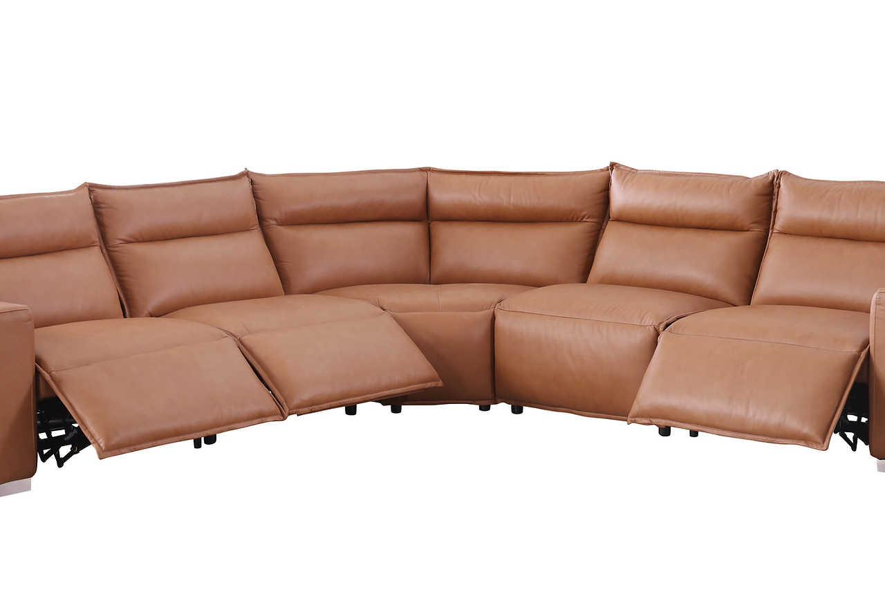 Close-up of armrest and reclining mechanism on camel leather sectional