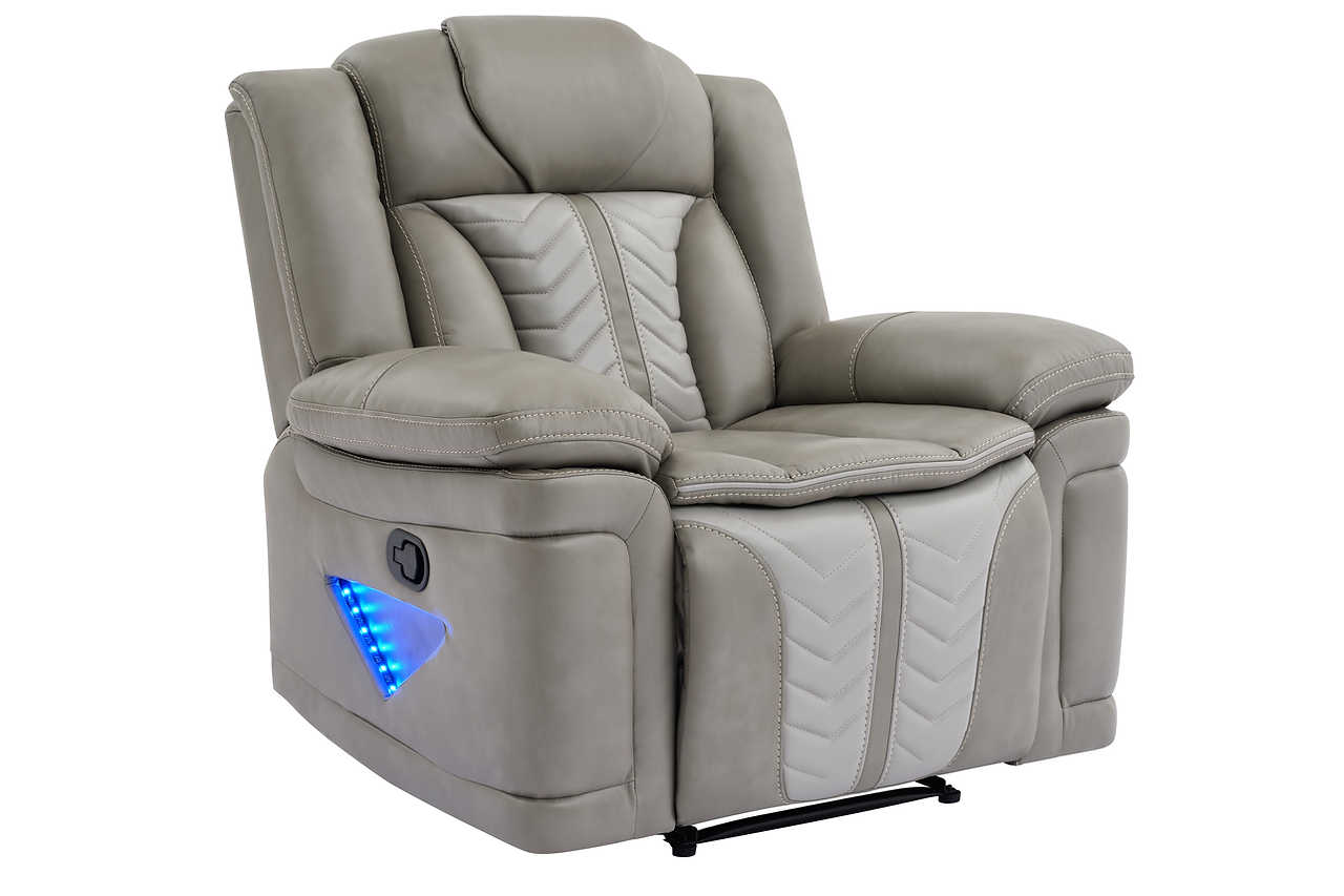 Multi-color LED lights glowing on sofa and loveseat arms