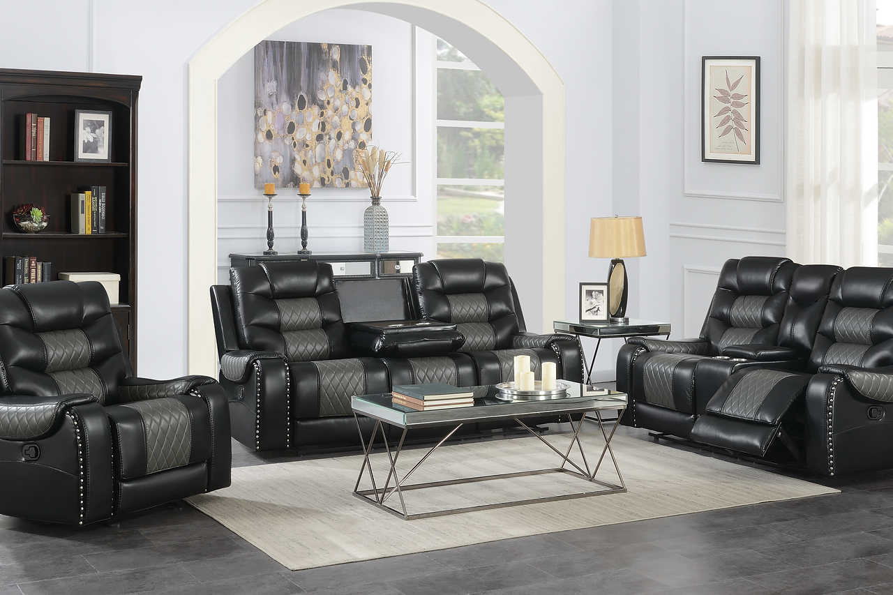 Phoenix II black faux leather sofa with cupholders