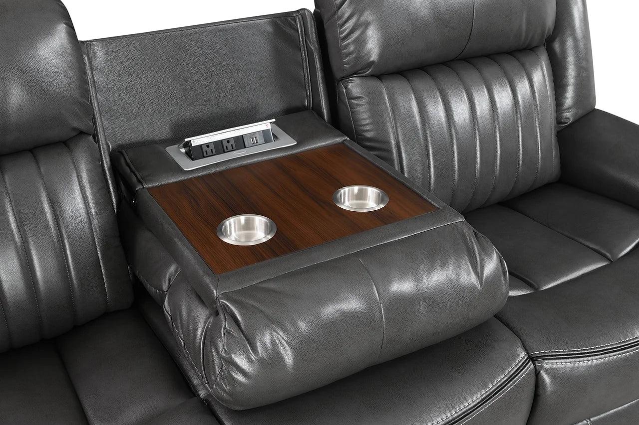 Lavon Grey Faux Leather Reclining Sofa with drop-down table and power outlet