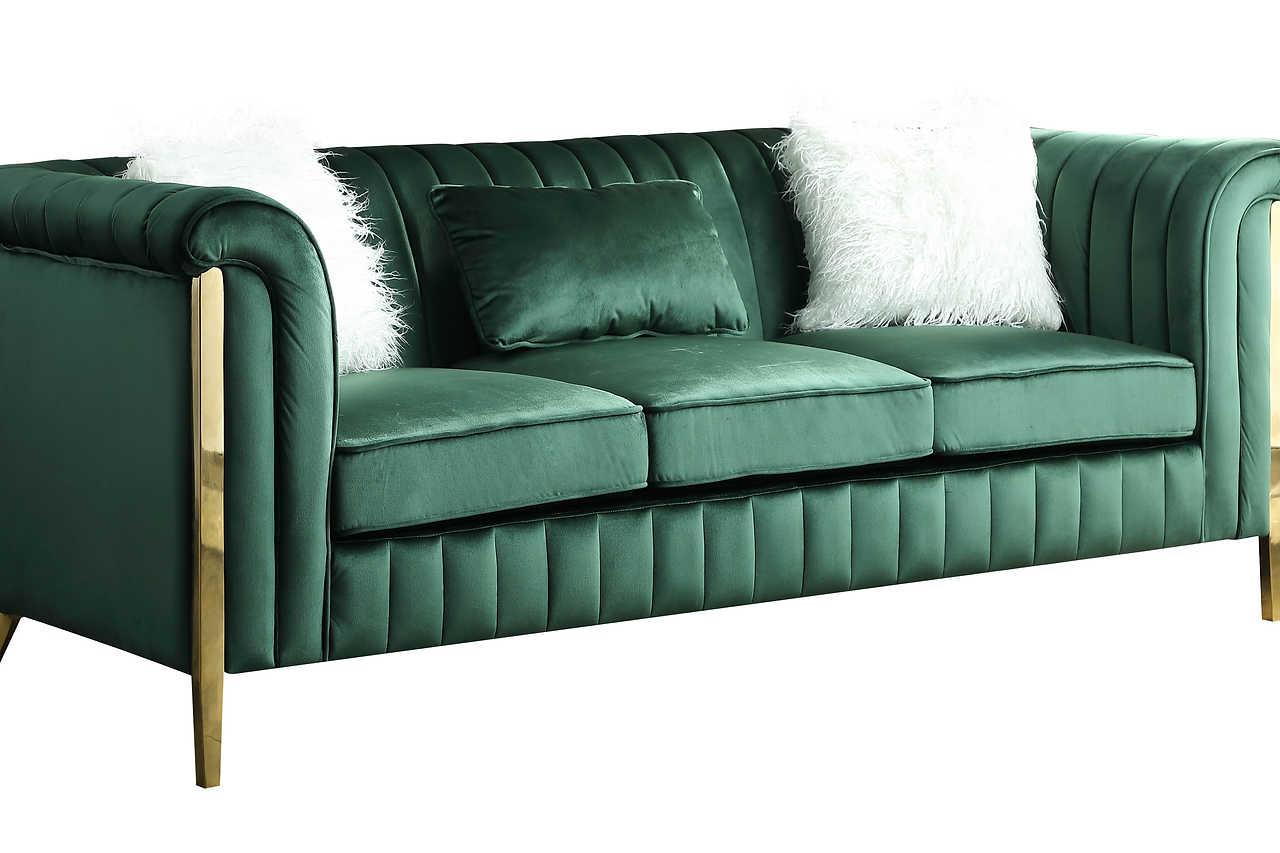 Fara loveseat in emerald green velvet with gold legs, side view