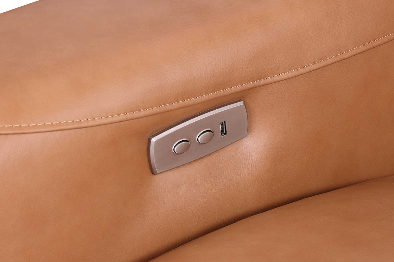 Profile view of camel leather sectional with reclined seat