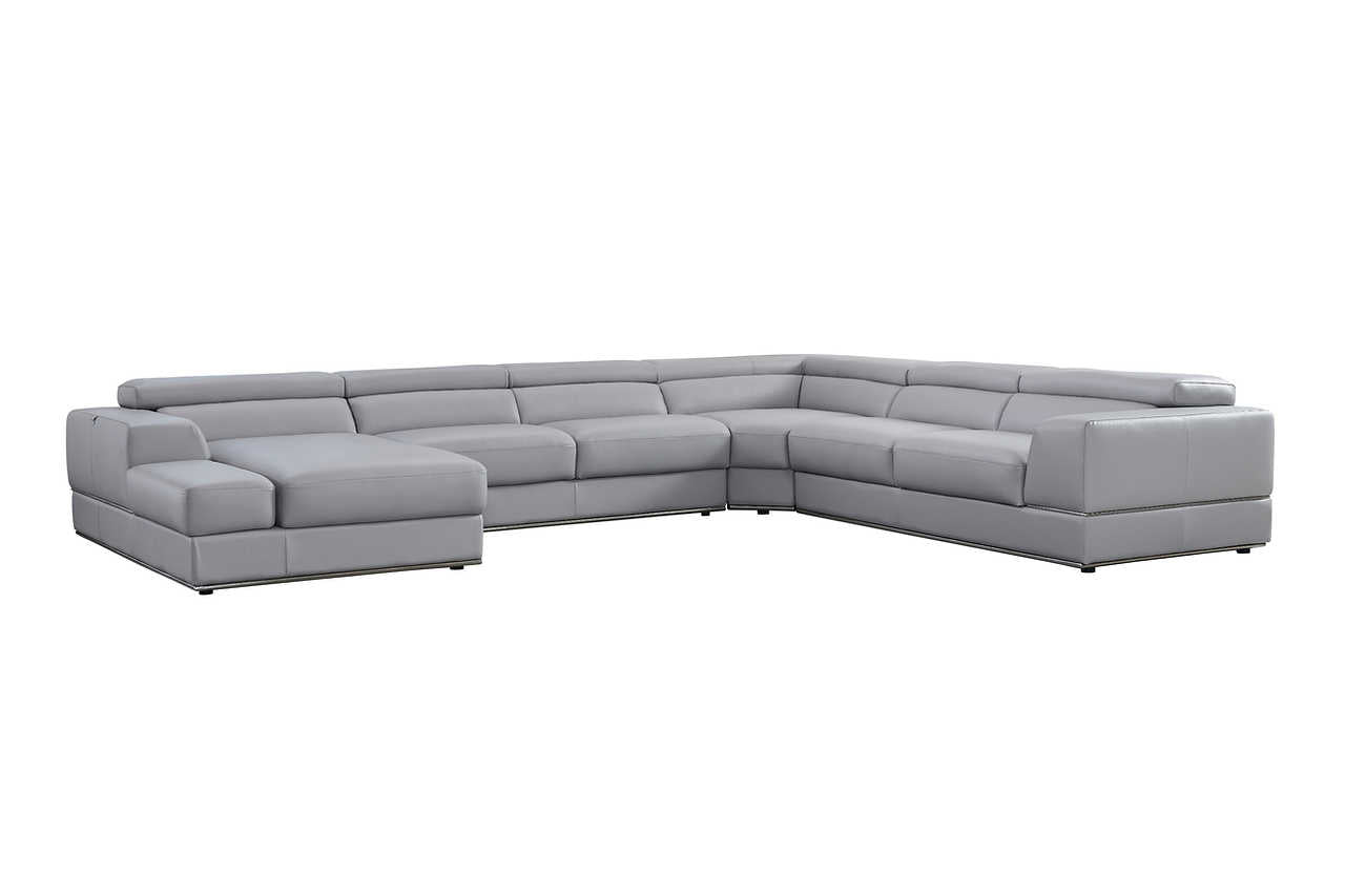 Main perspective of Pella Light Gray Leather LAF sectional sofa