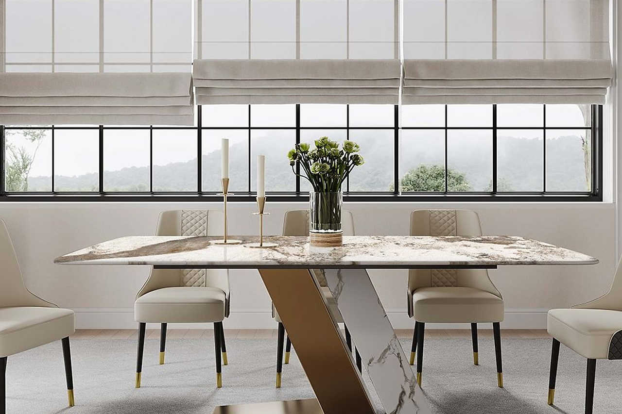 Goldie 79" dining table front angle with Pandora sintered stone top