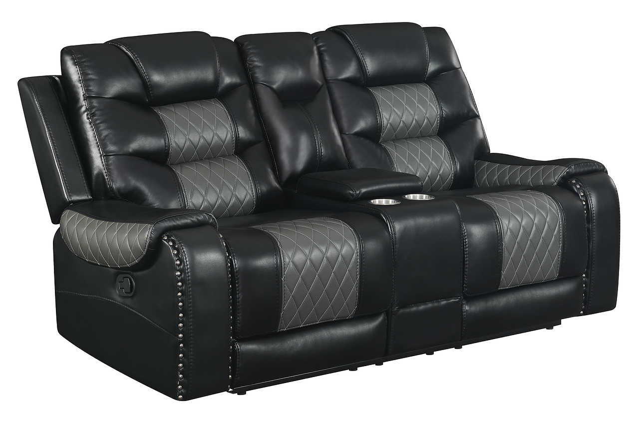Close-up of black faux leather upholstery on Phoenix II reclining set