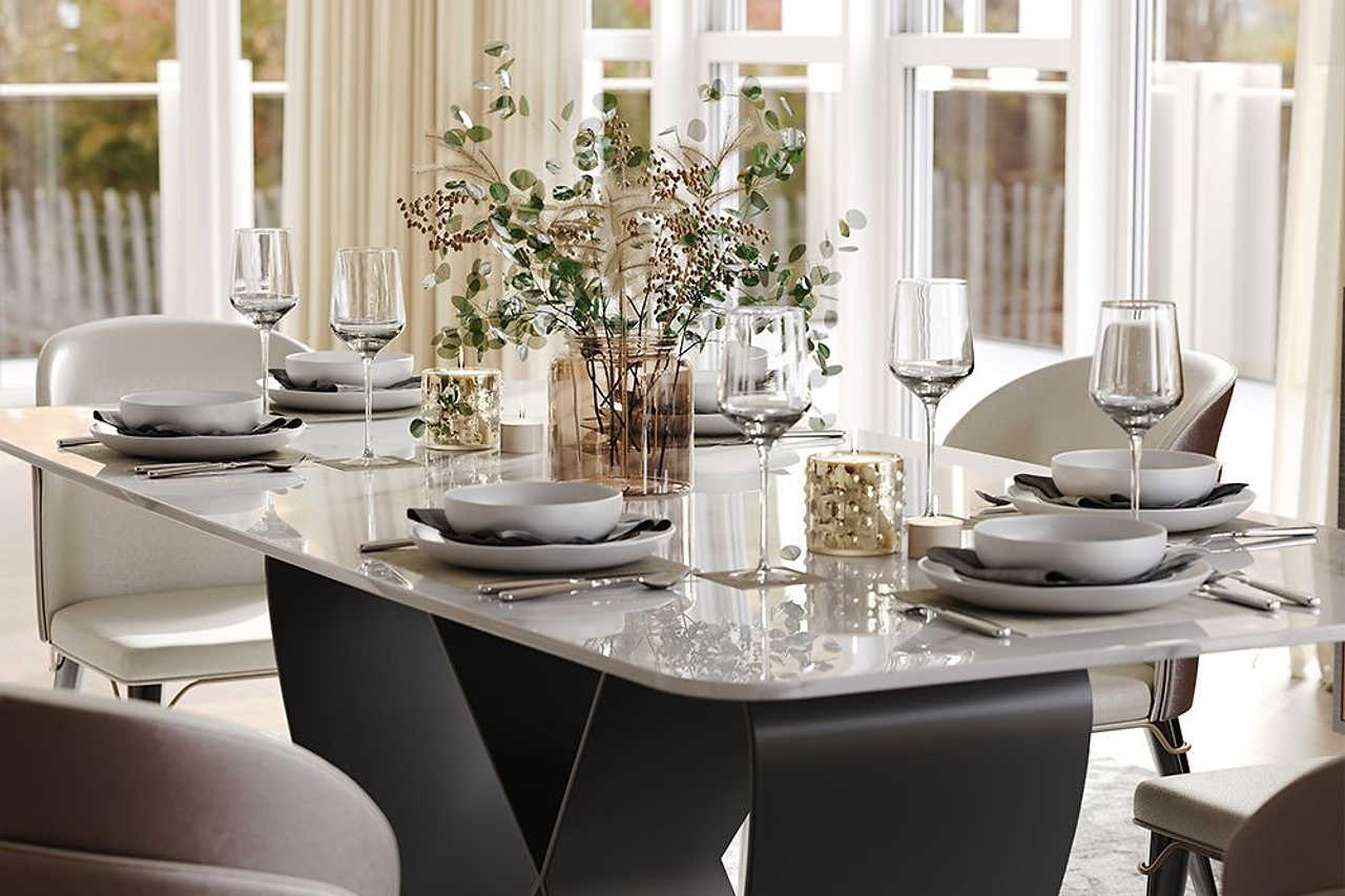 Close-up of glossy white sintered stone tabletop