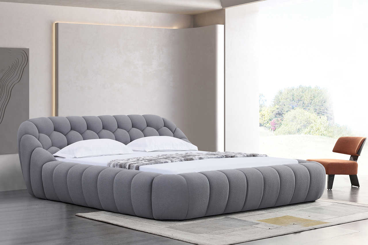 Bubbles gray upholstered platform queen bed angled side view